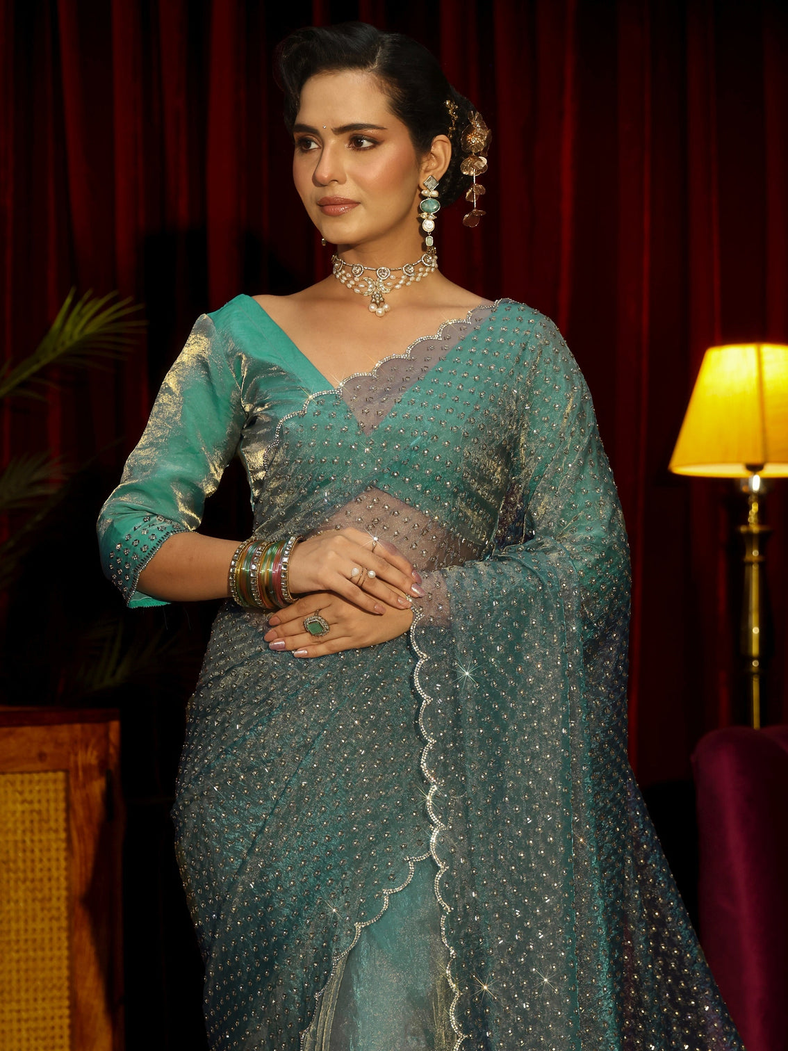 Mameraa Art Blue Embellished Tissue Saree