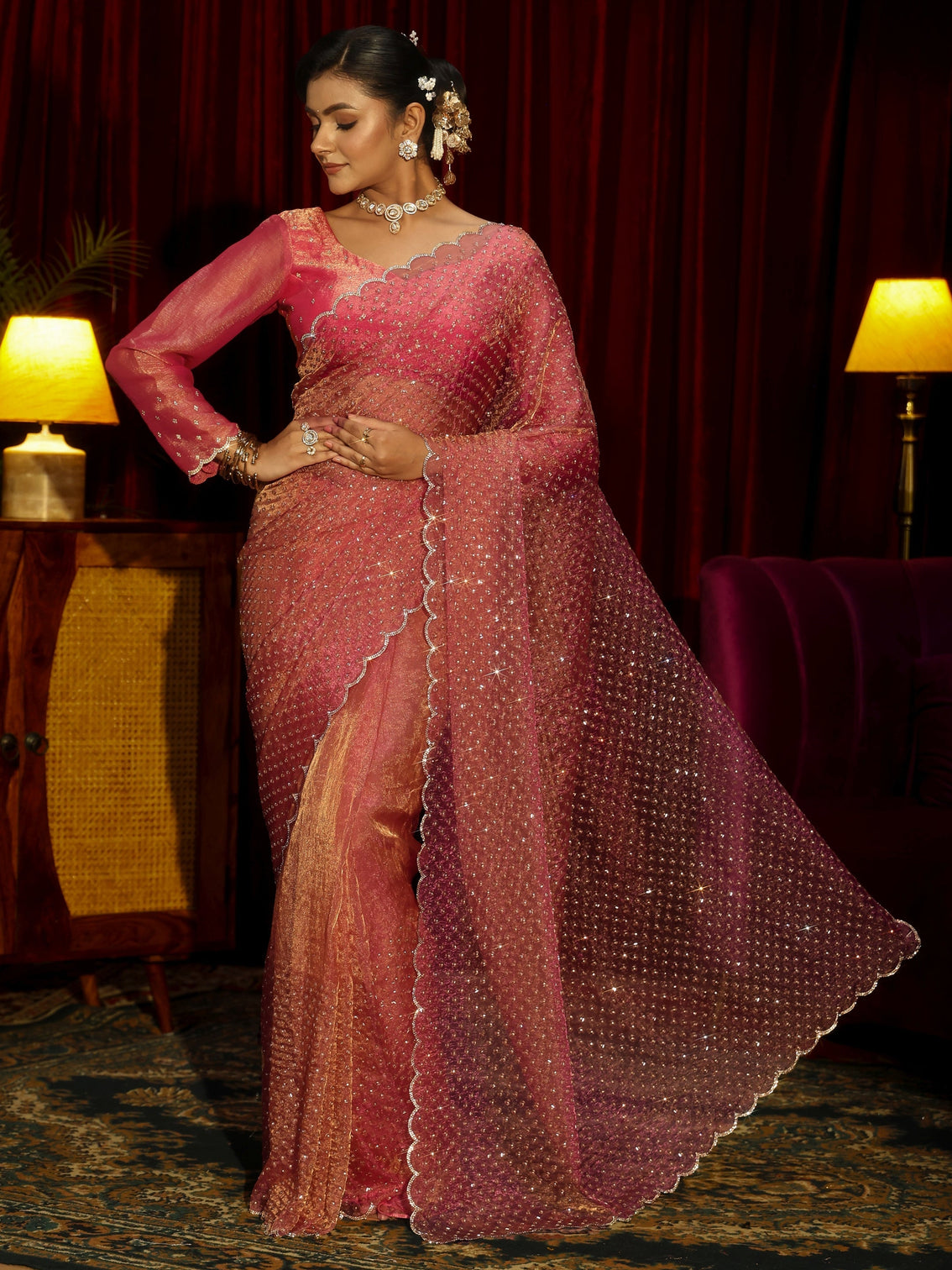Mameraa Art Pink Embellished Tissue Saree