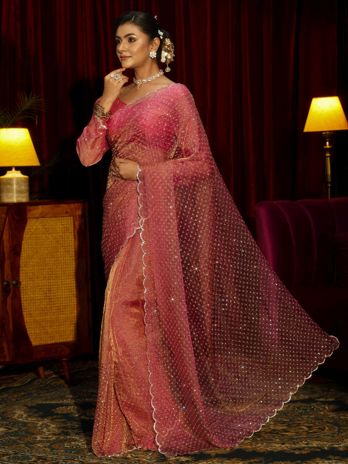 Mameraa Art Pink Embellished Tissue Saree