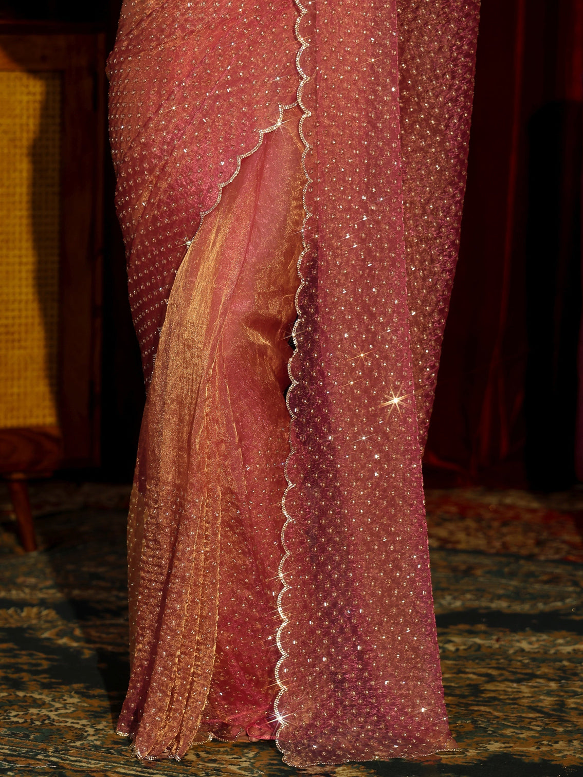 Mameraa Art Pink Embellished Tissue Saree