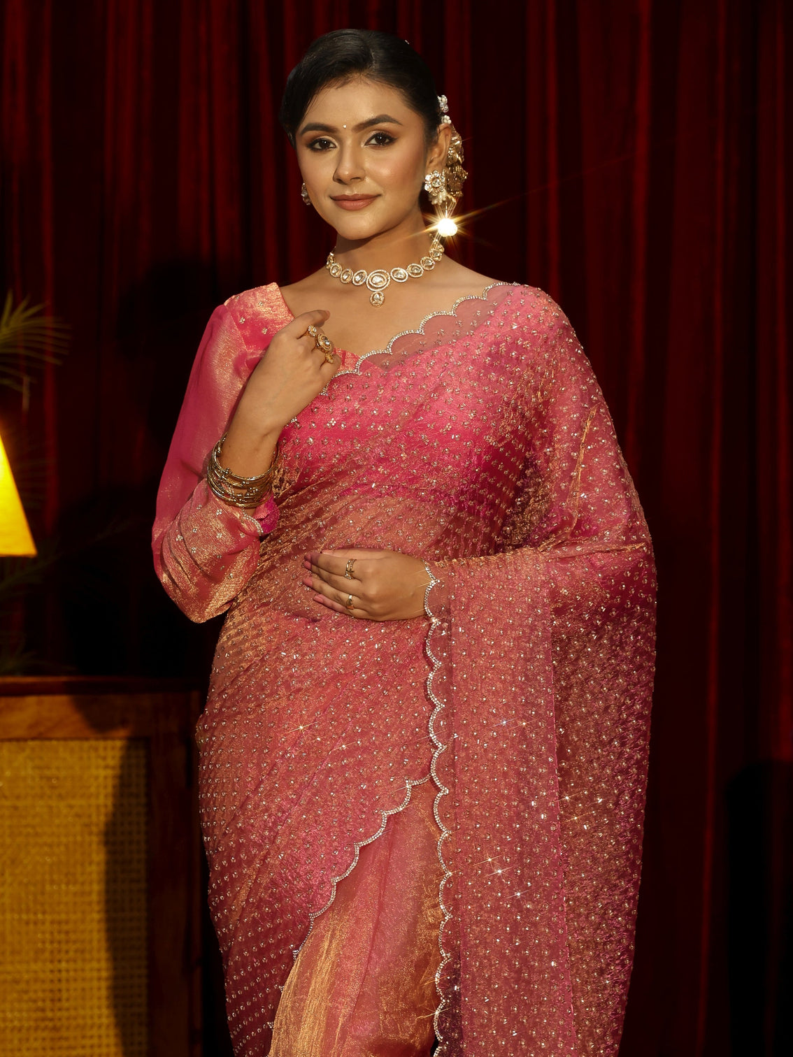 Mameraa Art Pink Embellished Tissue Saree