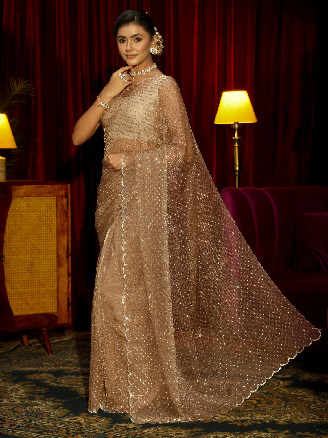 Mameraa Art Beige Embellished Tissue Saree
