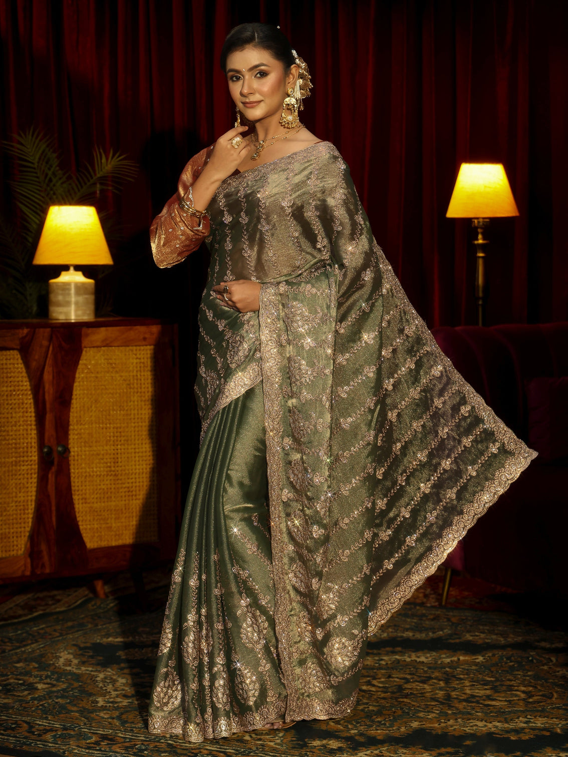 Mameraa Art Green Embroidered Tissue Saree
