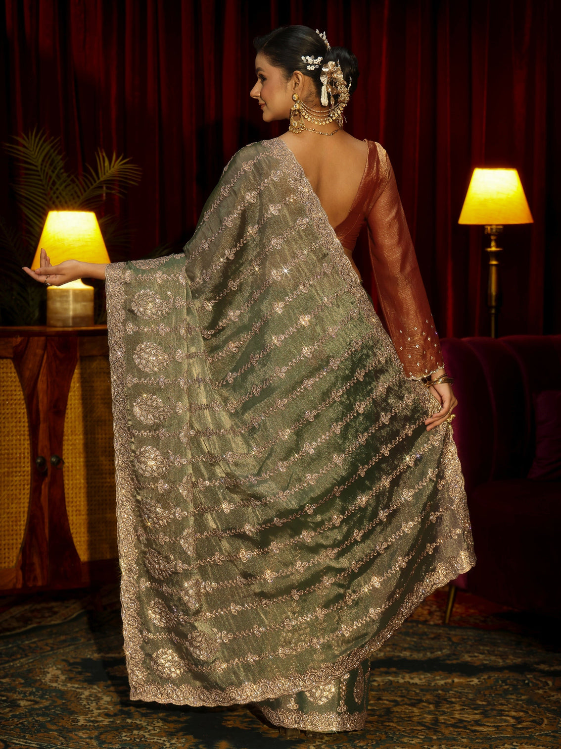 Mameraa Art Green Embroidered Tissue Saree