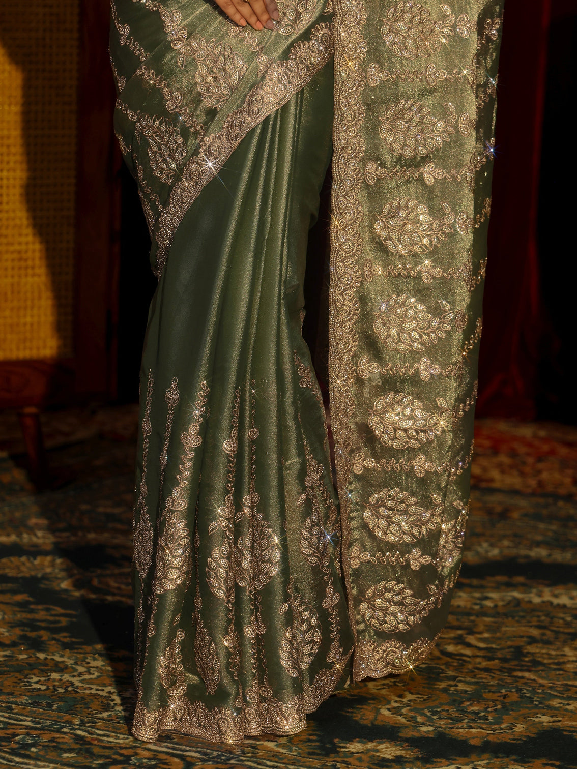 Mameraa Art Green Embroidered Tissue Saree