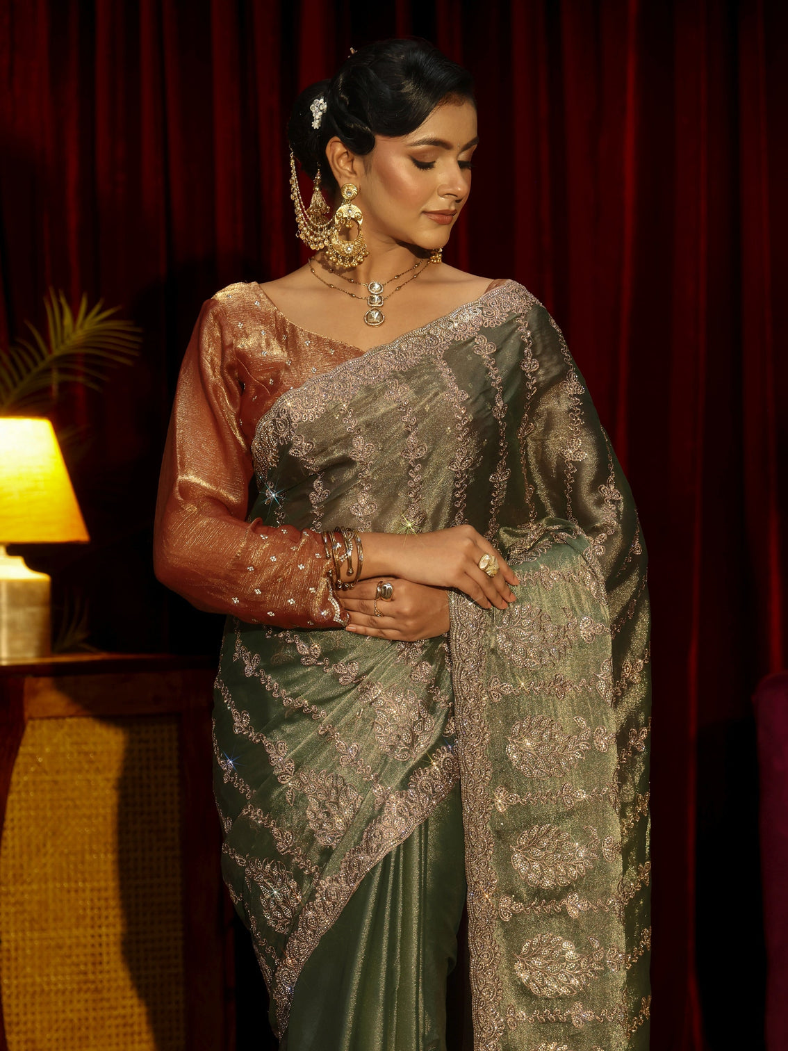 Mameraa Art Green Embroidered Tissue Saree