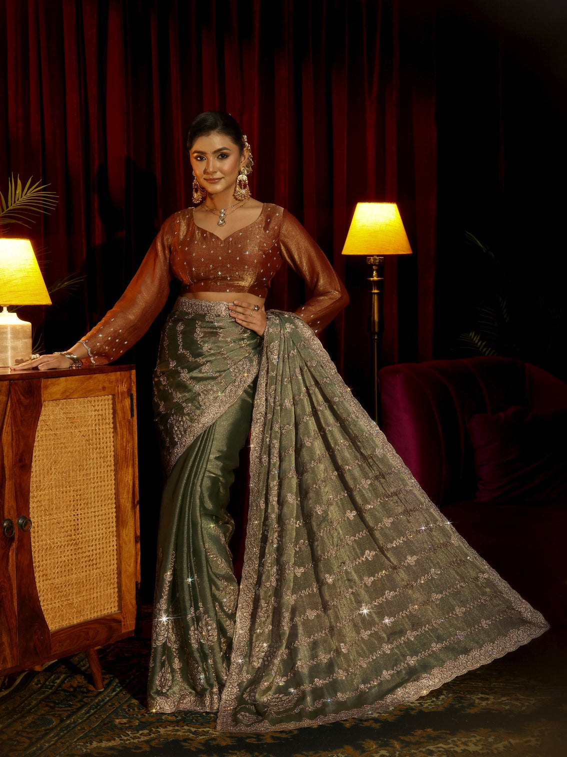 Mameraa Art Green Embroidered Tissue Saree