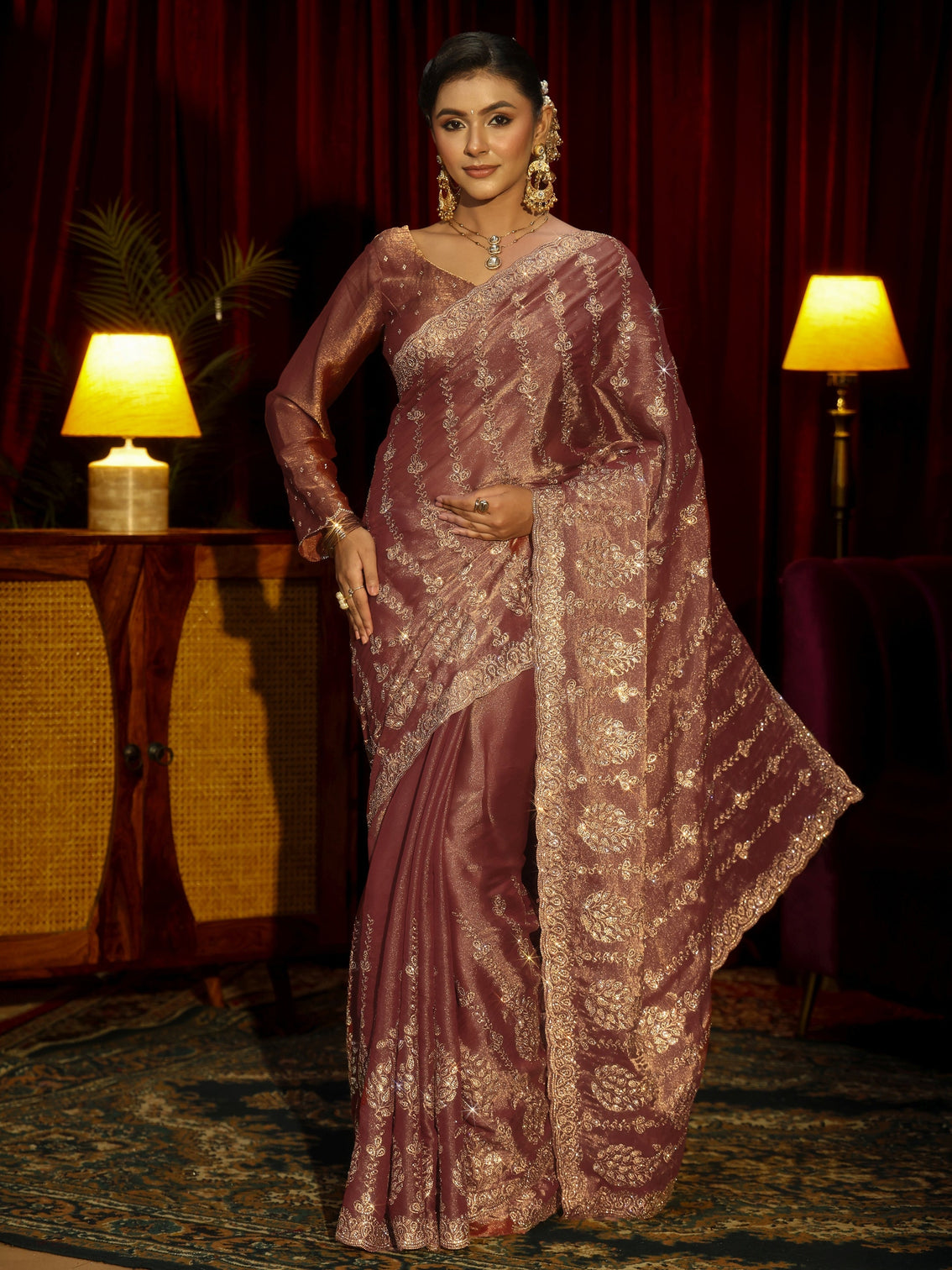 Mameraa Art Mauve Embroidered Tissue Saree