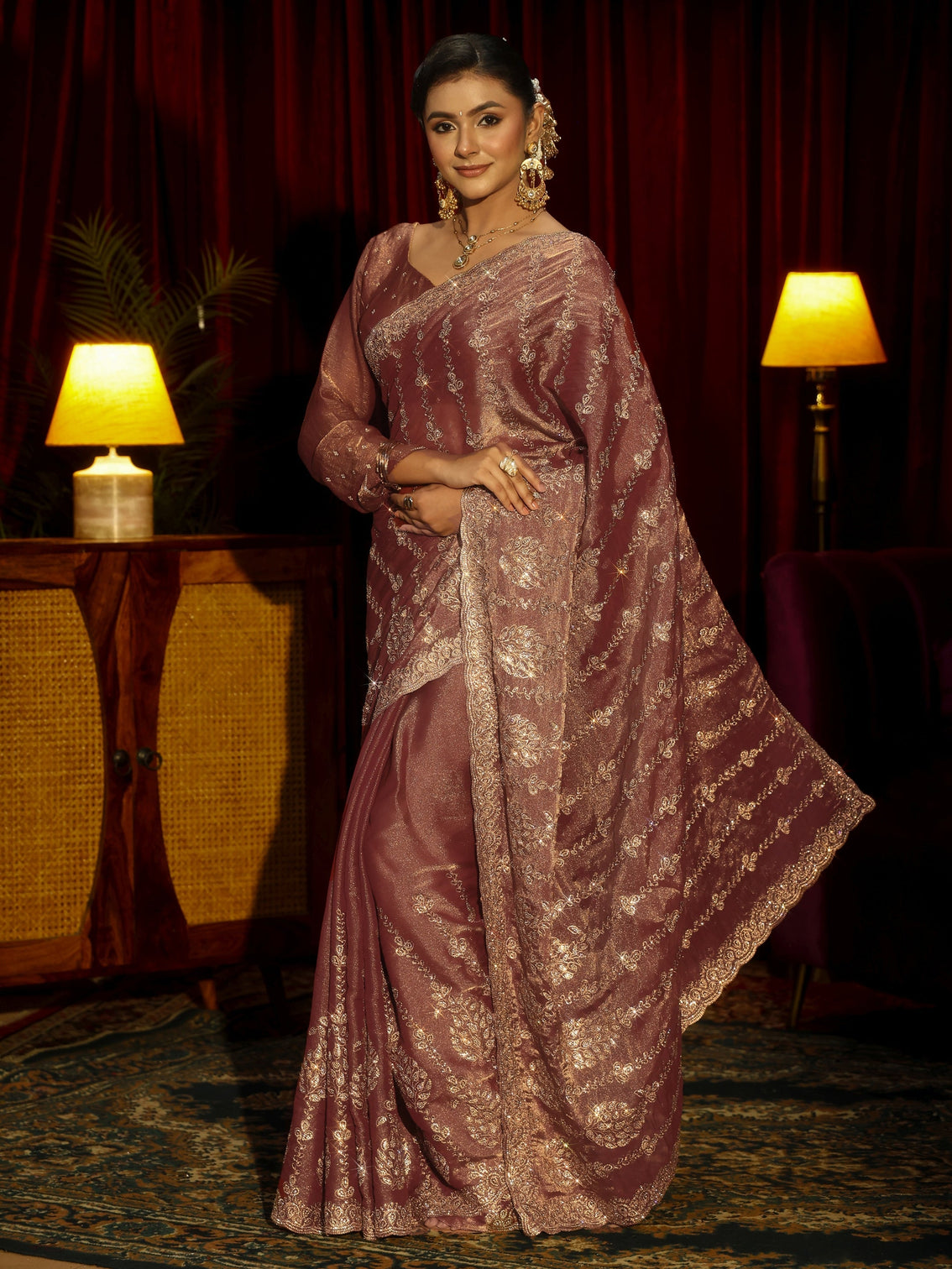Mameraa Art Mauve Embroidered Tissue Saree