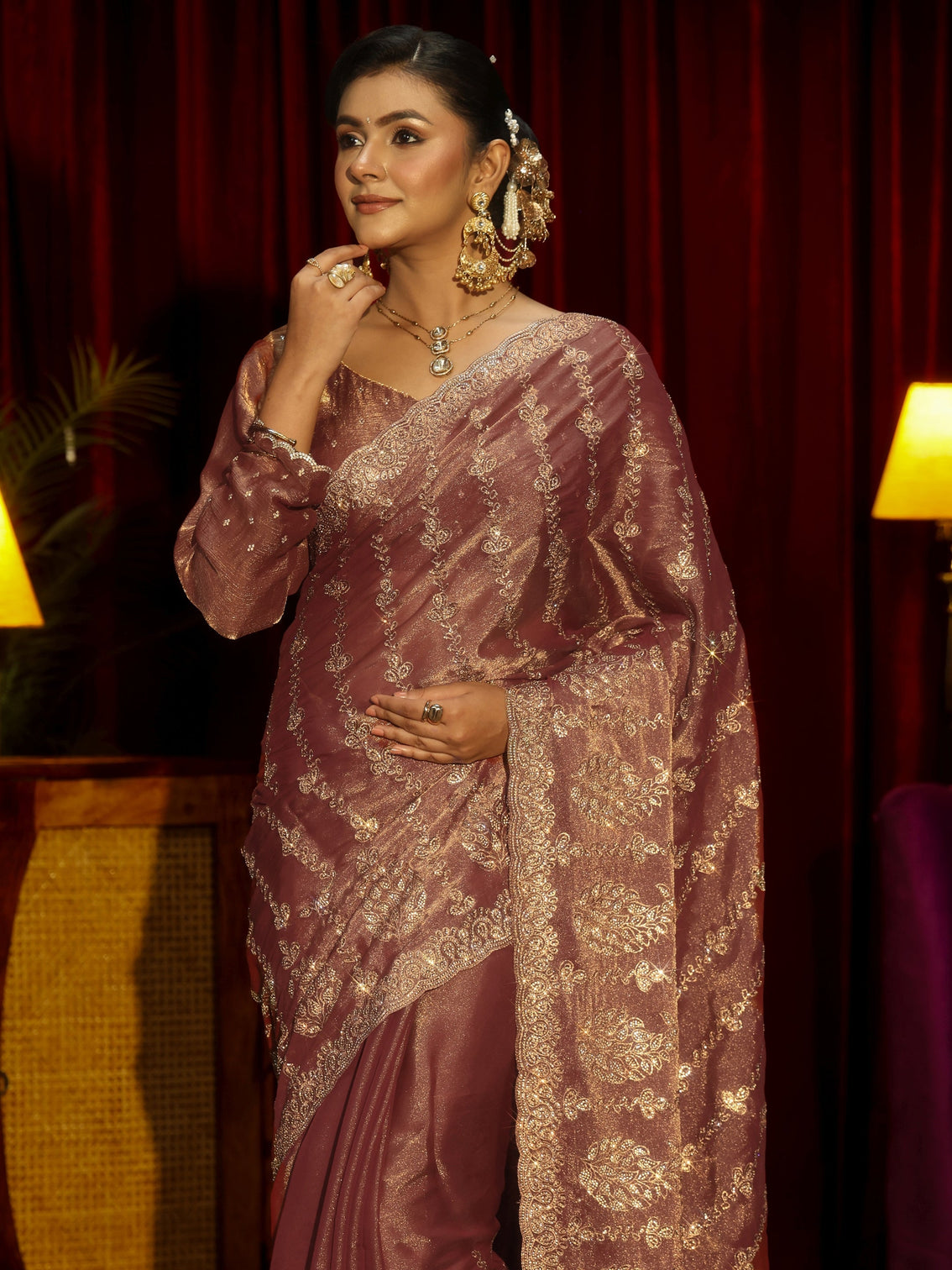 Mameraa Art Mauve Embroidered Tissue Saree