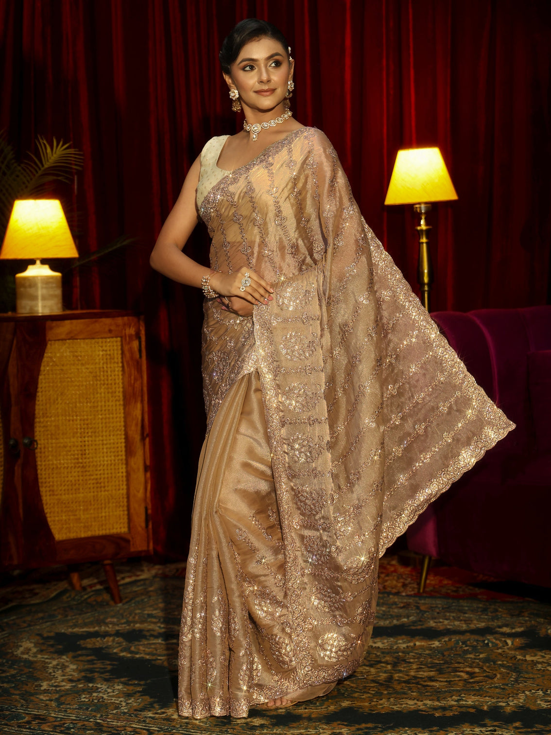 Mameraa Art Taupe Embellished Tissue Saree