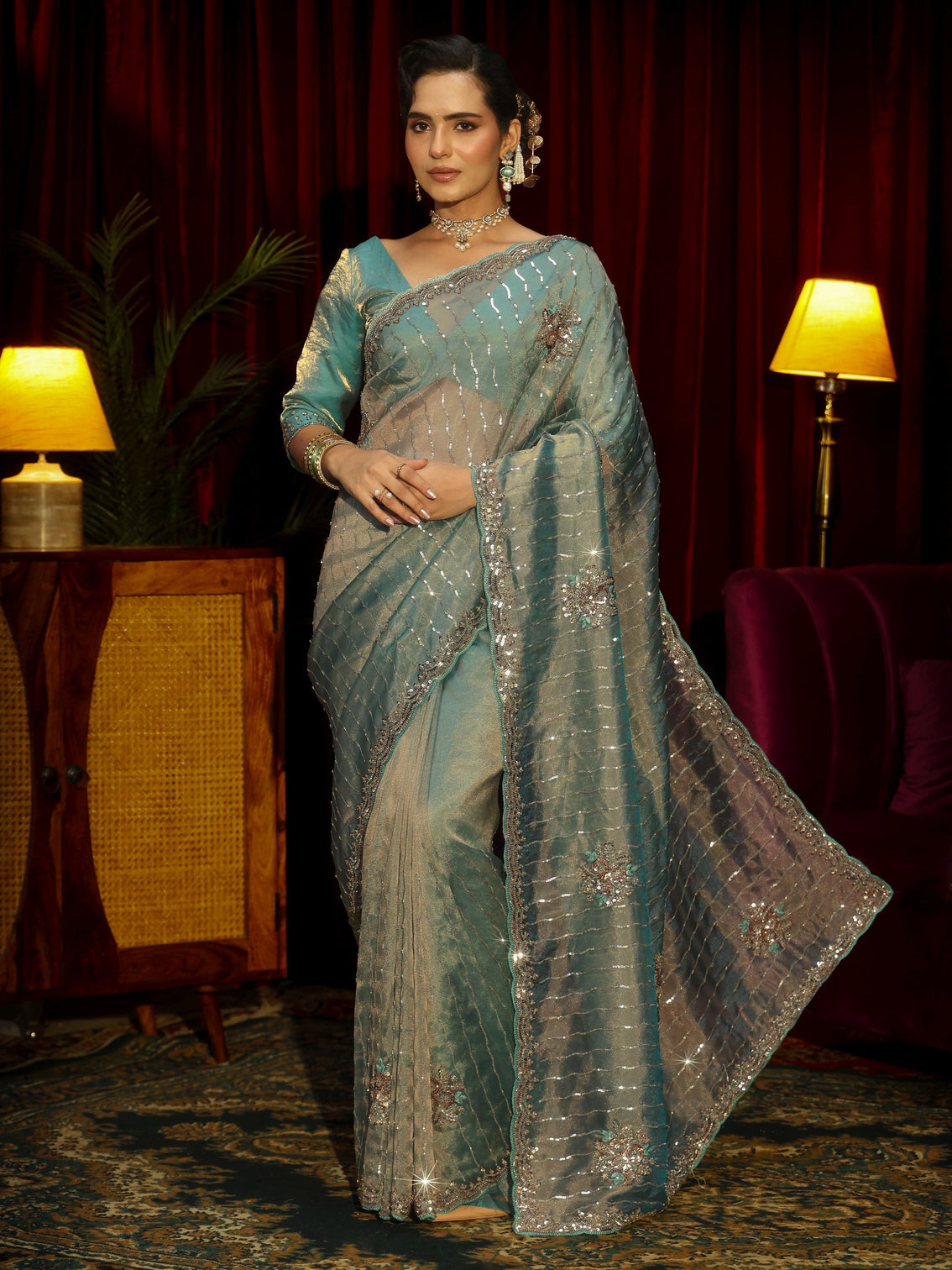 Mameraa Art Blue Embellished Tissue Saree