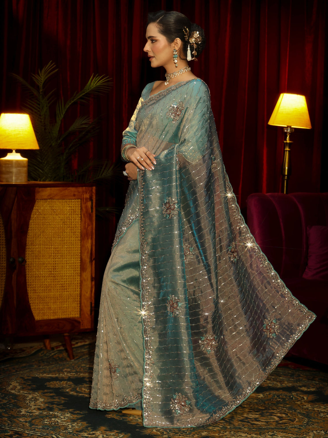Mameraa Art Blue Embellished Tissue Saree