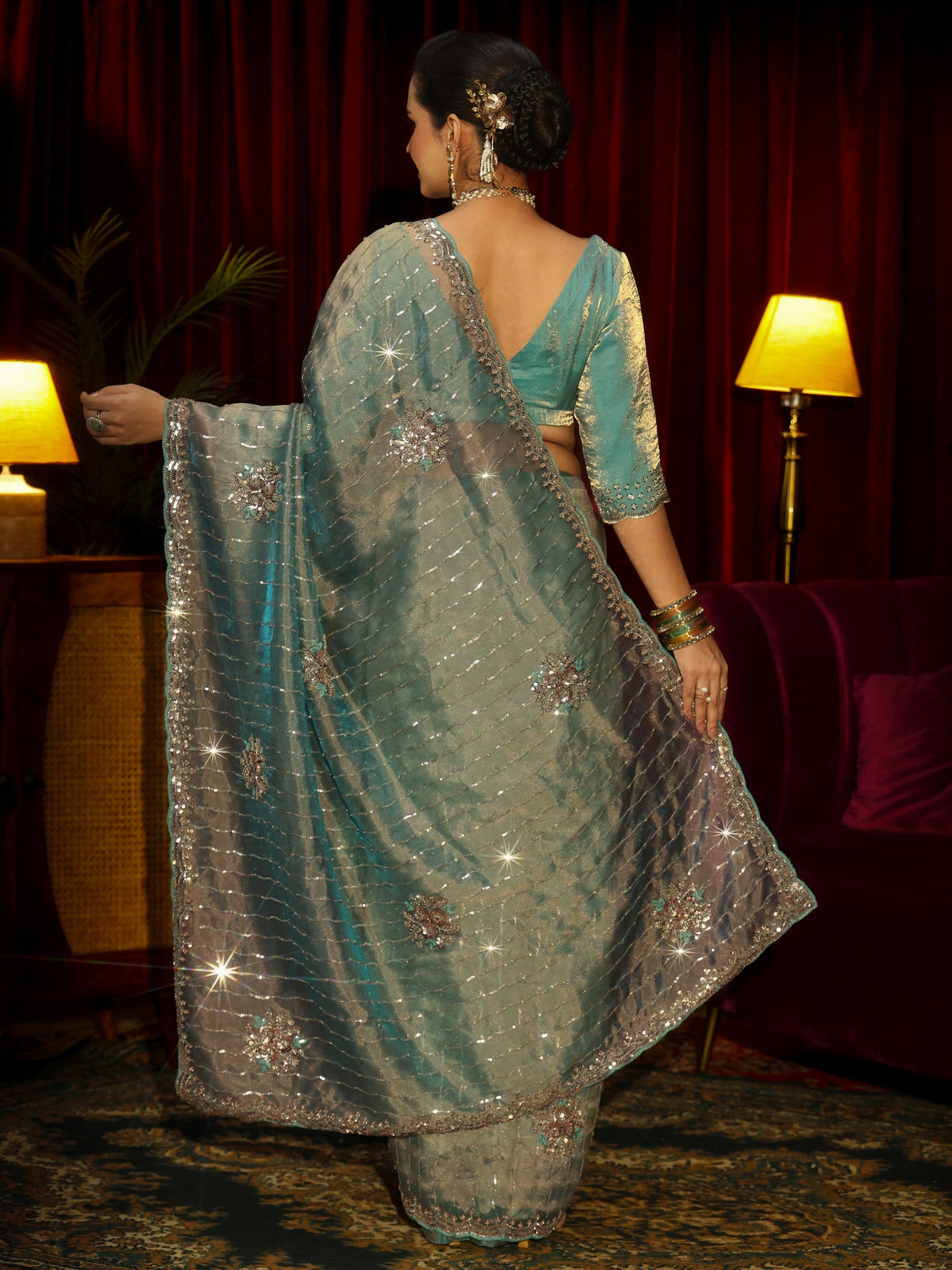 Mameraa Art Blue Embellished Tissue Saree