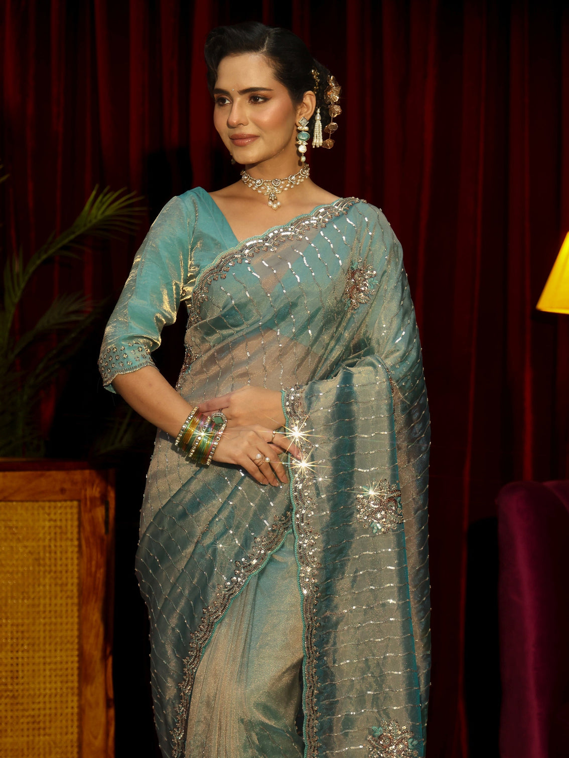 Mameraa Art Blue Embellished Tissue Saree