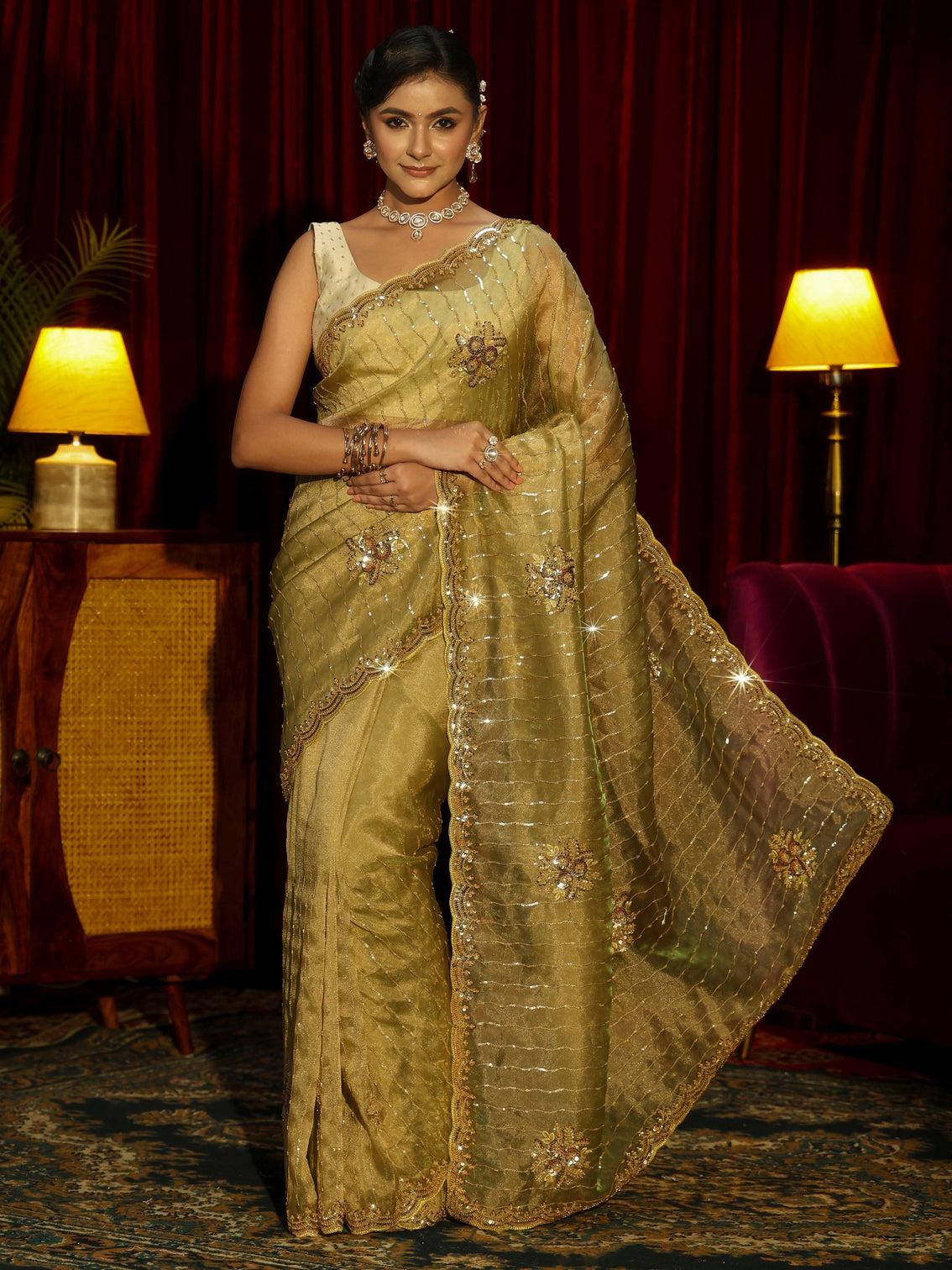 Mameraa Art Green Embellished Tissue Saree