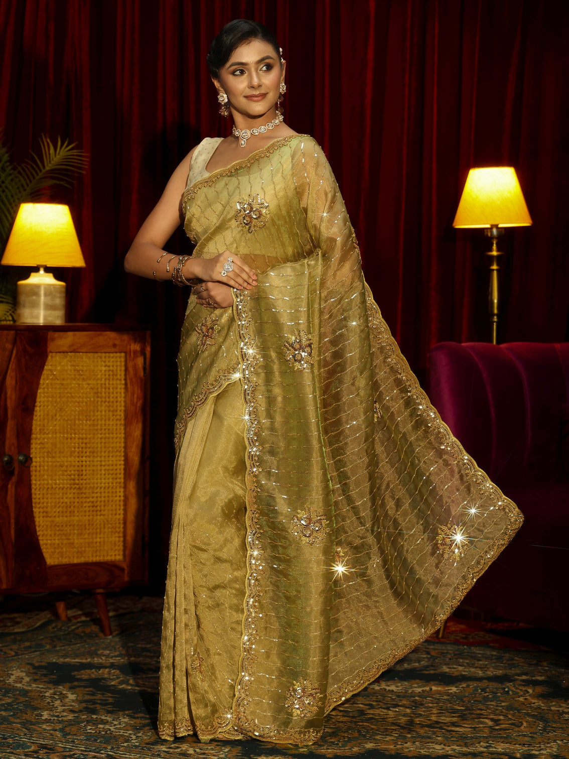 Mameraa Art Green Embellished Tissue Saree