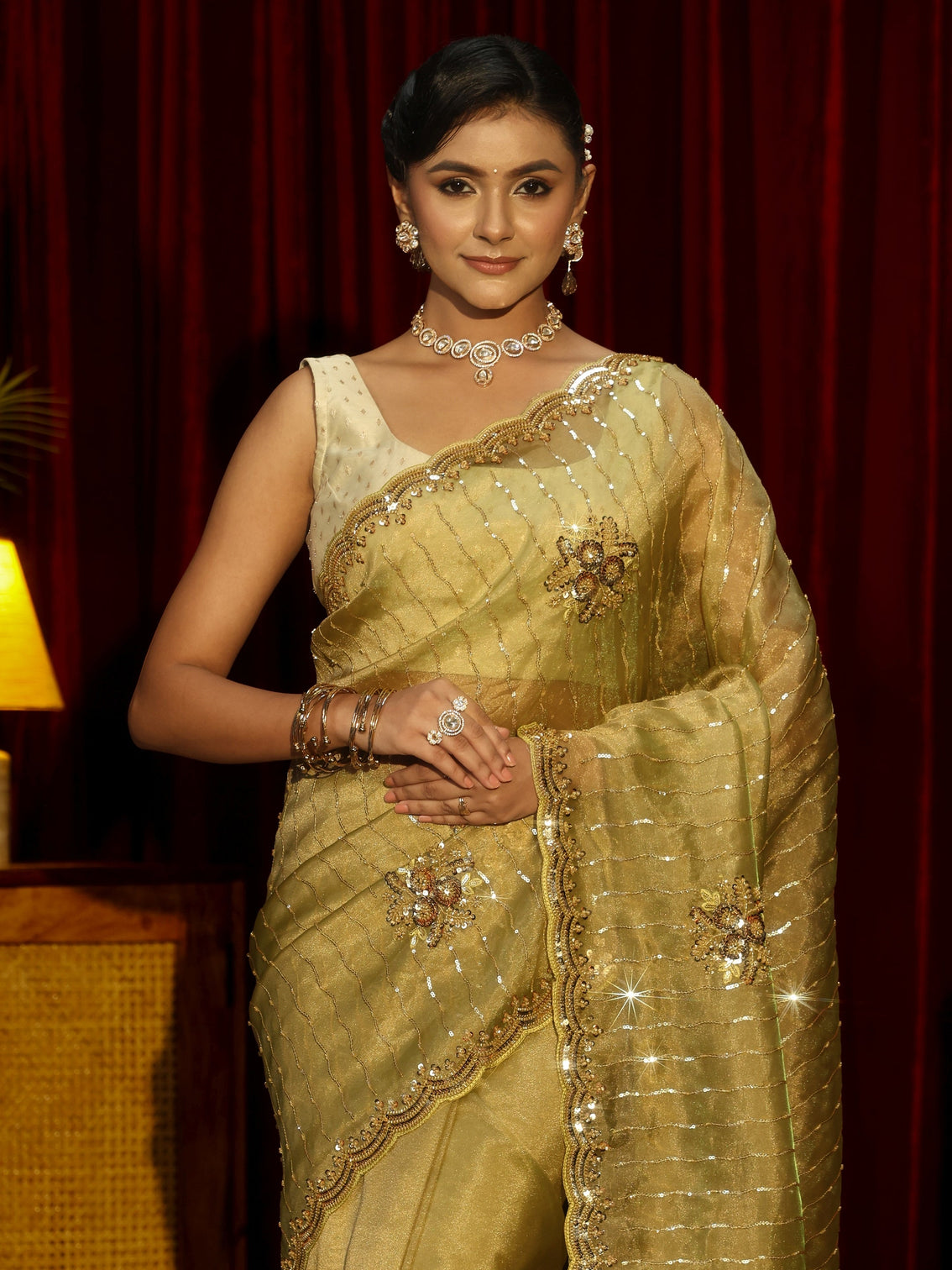 Mameraa Art Green Embellished Tissue Saree