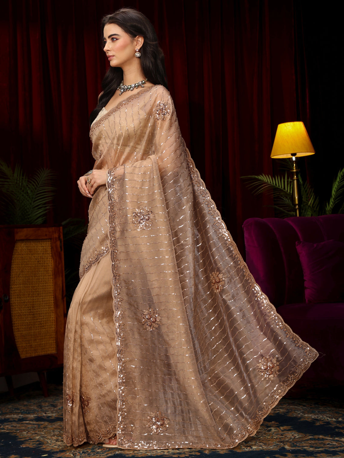 Mameraa Art Taupe Sequin Embellished Tissue Saree