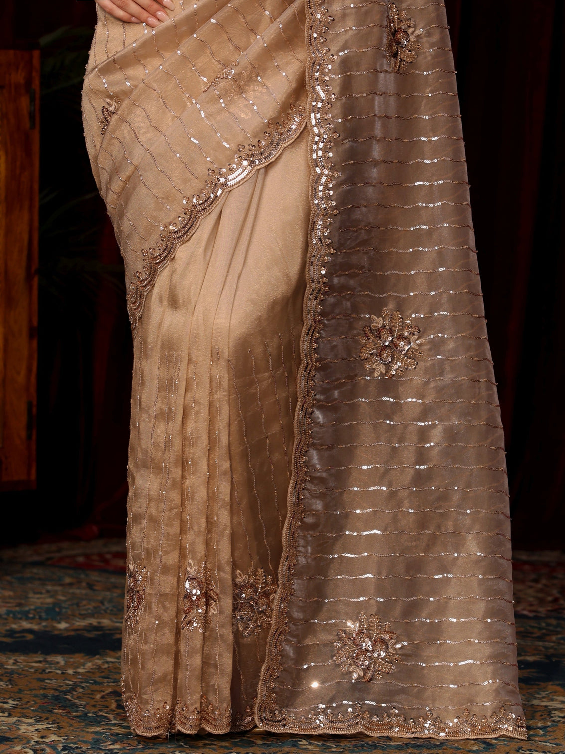 Mameraa Art Taupe Sequin Embellished Tissue Saree