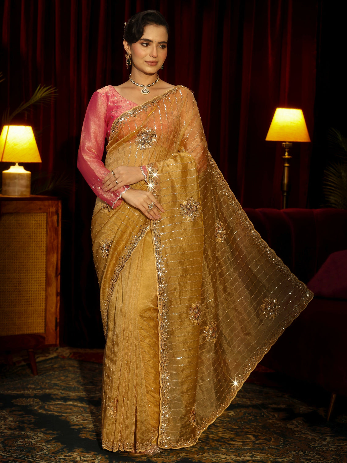 Mameraa Art Mustard Embellished Tissue Saree