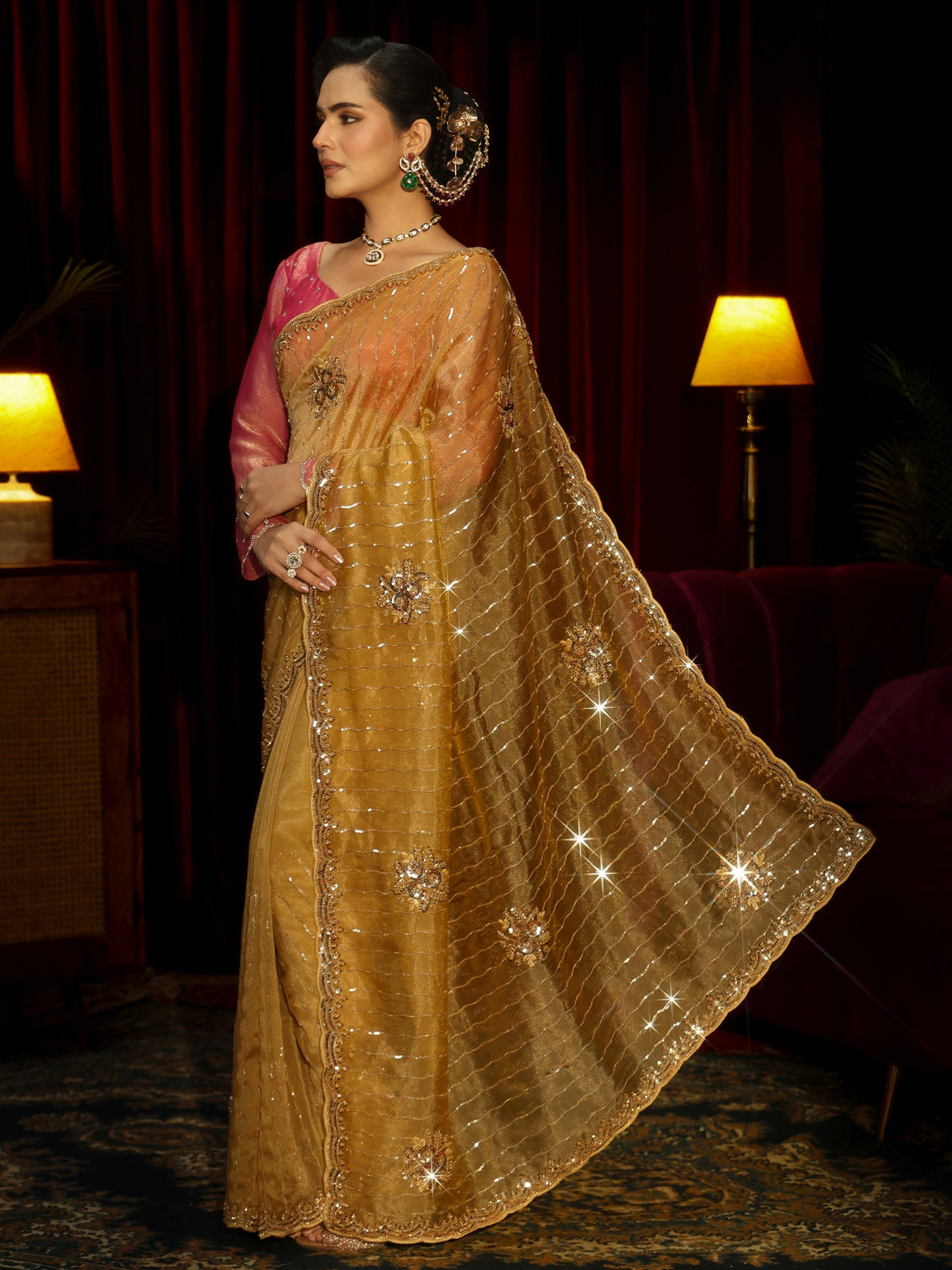 Mameraa Art Mustard Embellished Tissue Saree