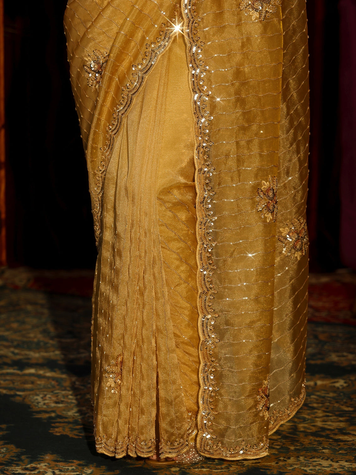 Mameraa Art Mustard Embellished Tissue Saree