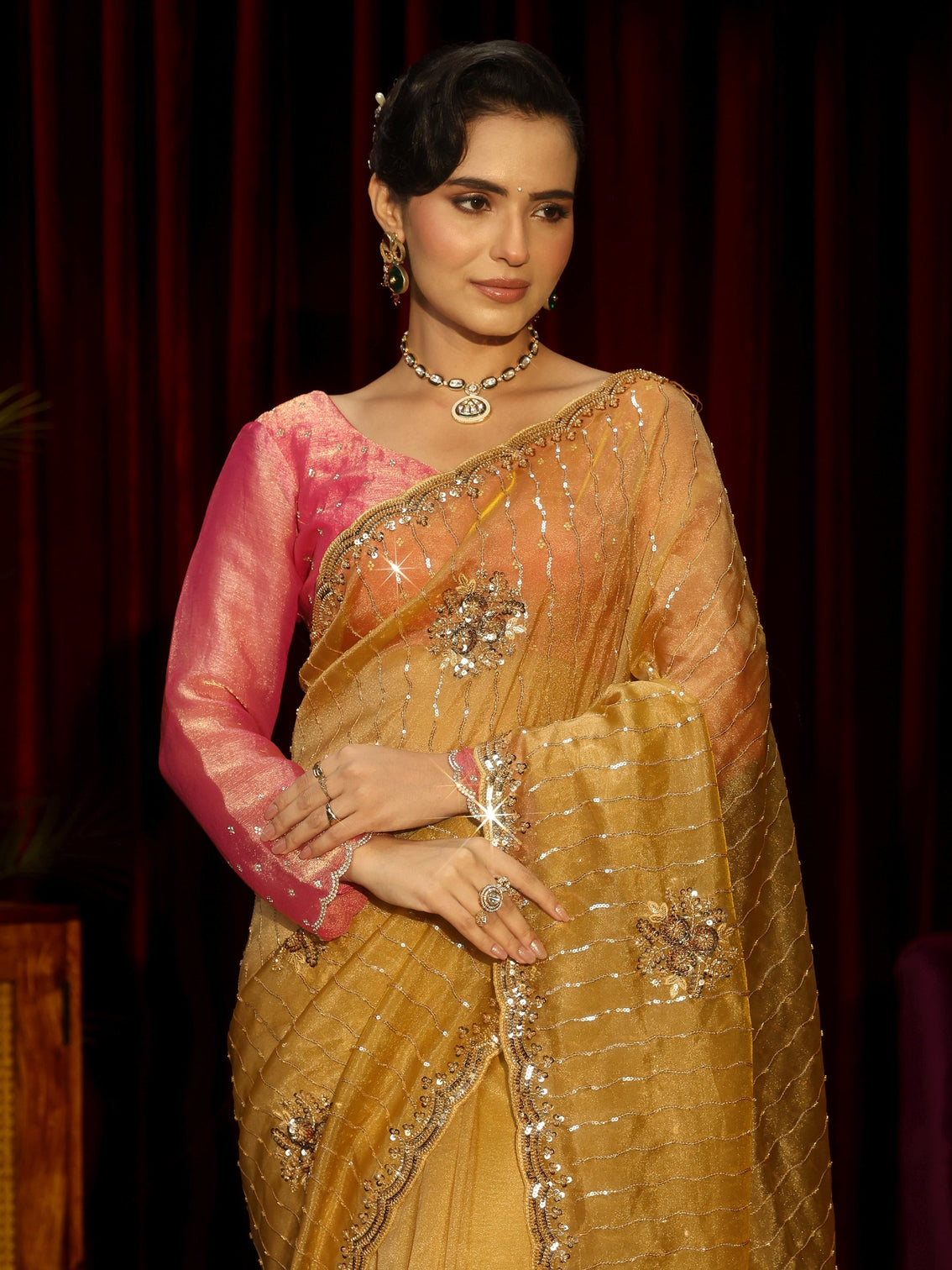 Mameraa Art Mustard Embellished Tissue Saree