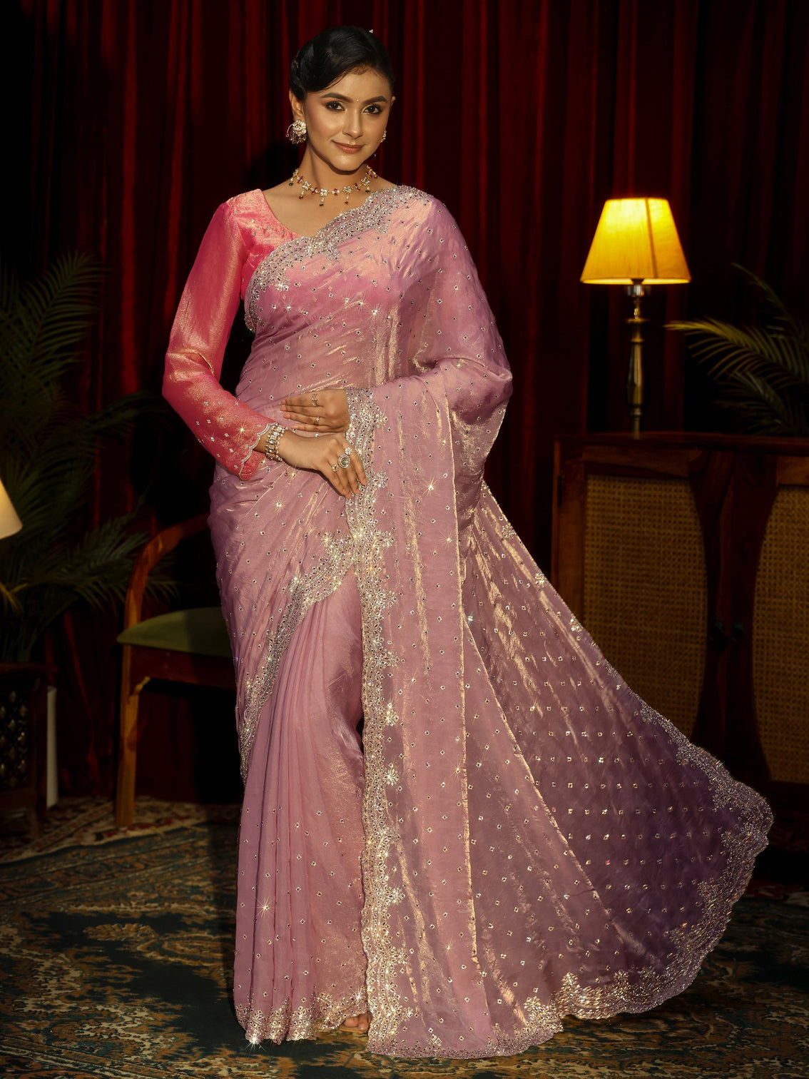 Mameraa Art Lavender Stone Work Embellished Tissue Saree