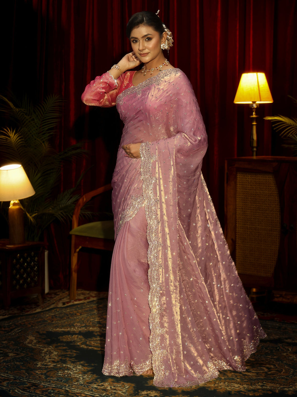 Mameraa Art Lavender Stone Work Embellished Tissue Saree