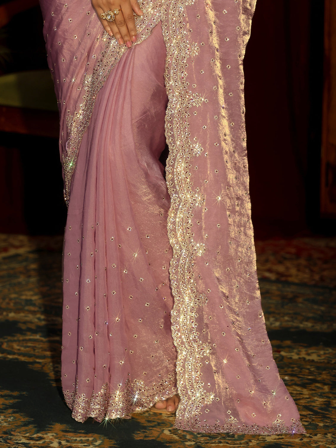 Mameraa Art Lavender Stone Work Embellished Tissue Saree
