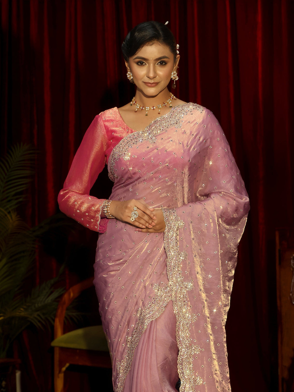 Mameraa Art Lavender Stone Work Embellished Tissue Saree