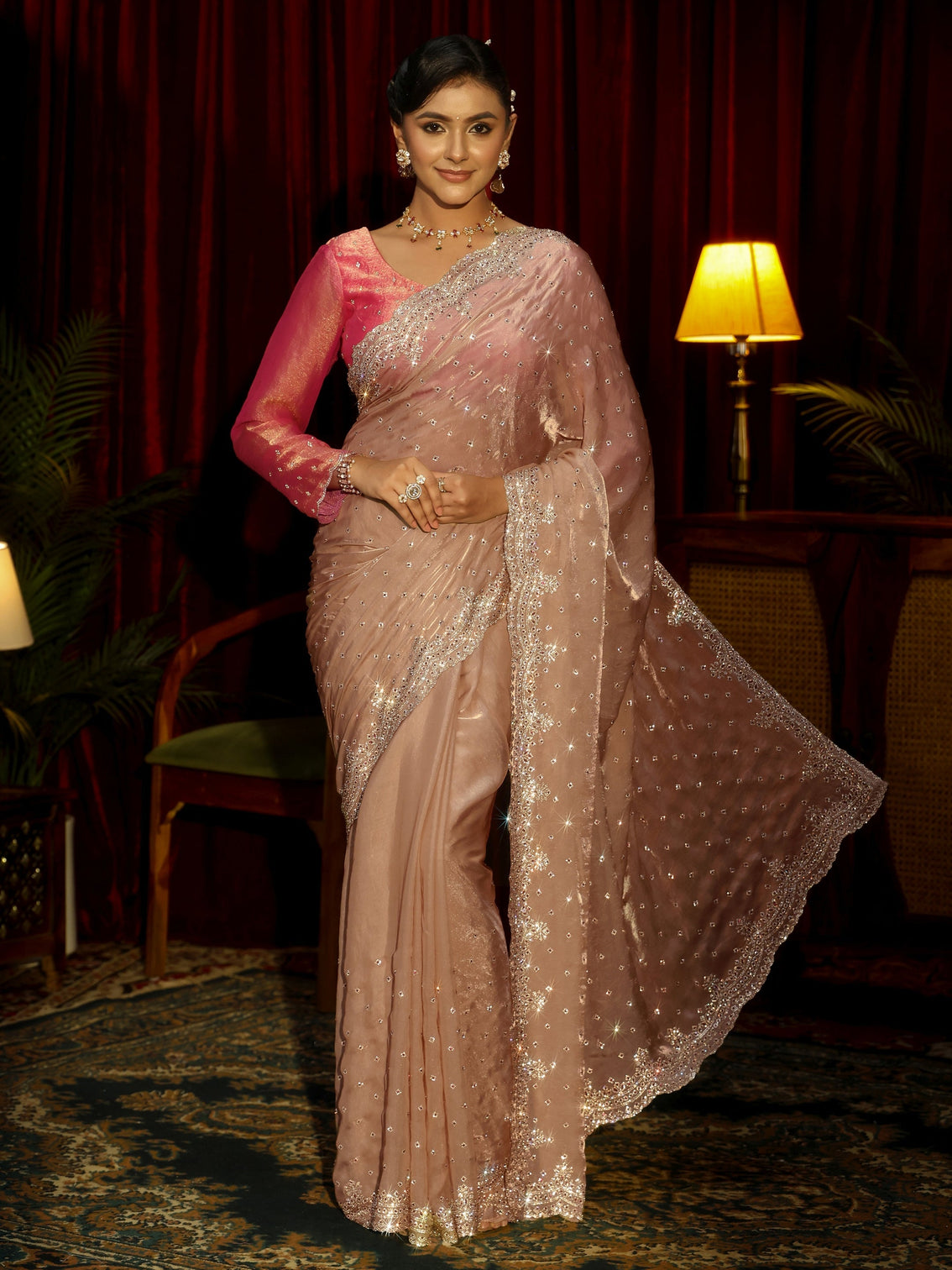 Mameraa Art Beige Stone Work Embellished Tissue Saree