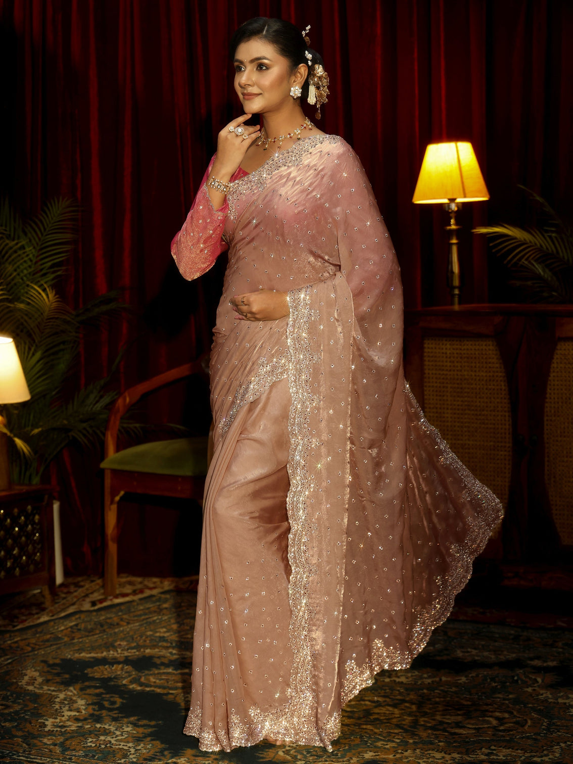 Mameraa Art Beige Stone Work Embellished Tissue Saree