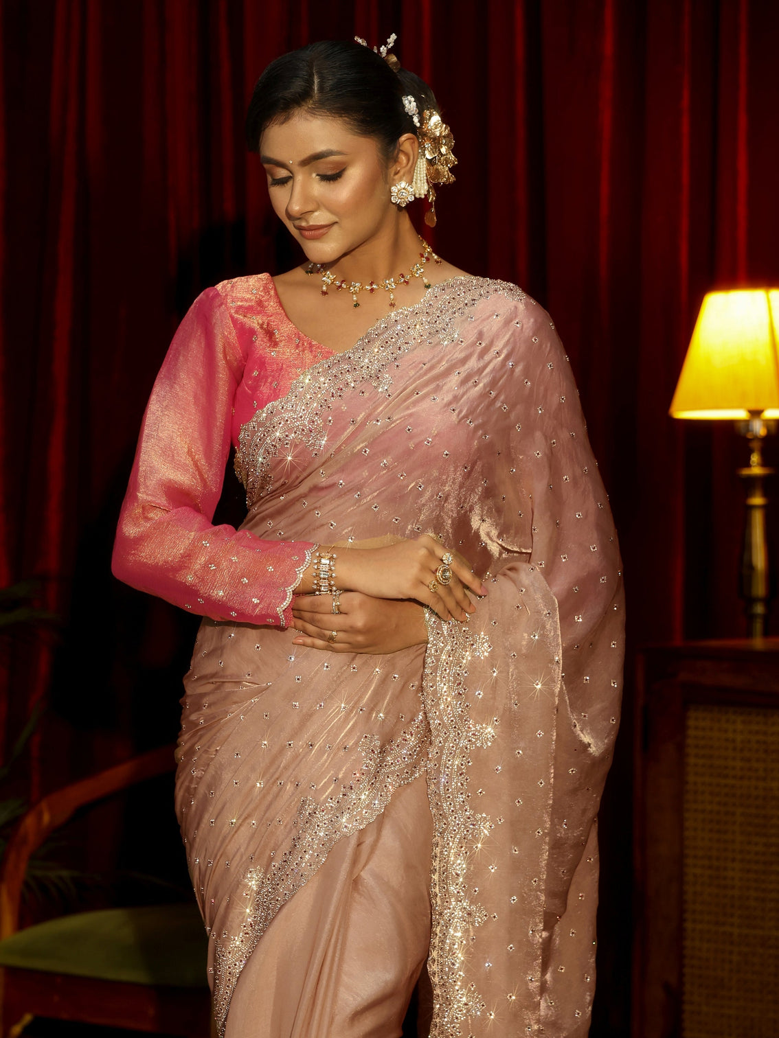 Mameraa Art Beige Stone Work Embellished Tissue Saree