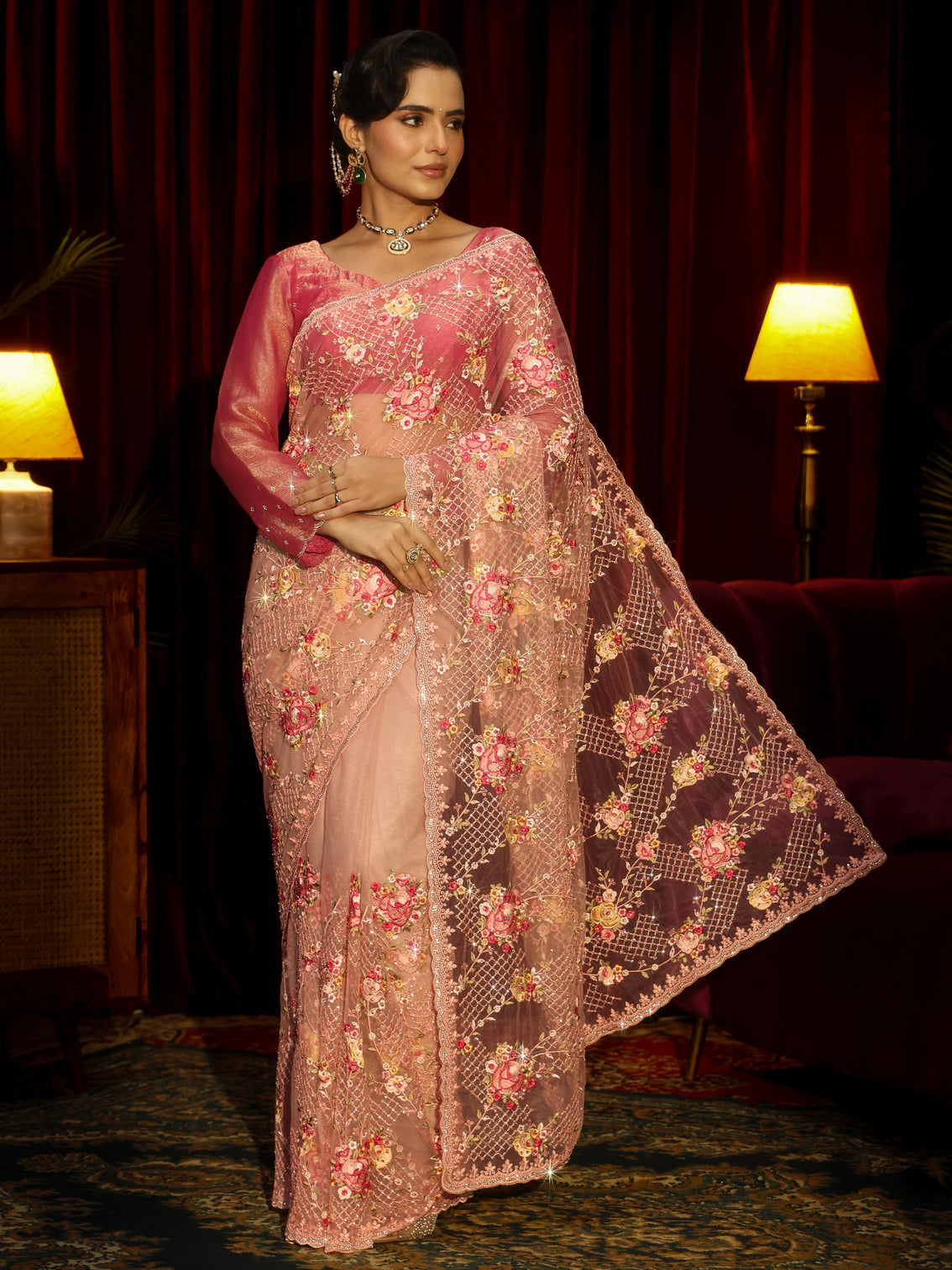 Mameraa Art Pink Floral Embroidered Net Saree