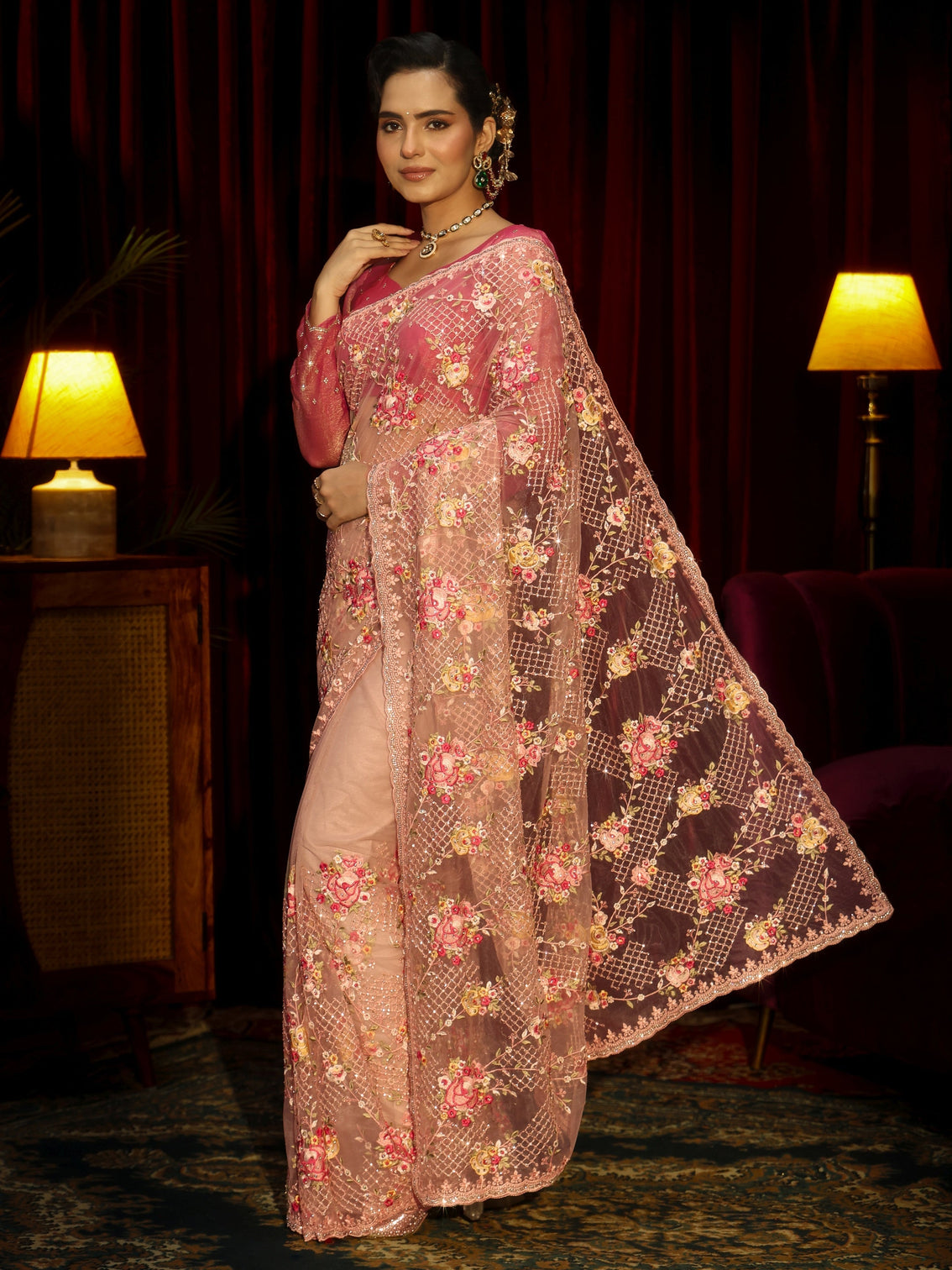 Mameraa Art Pink Floral Embroidered Net Saree
