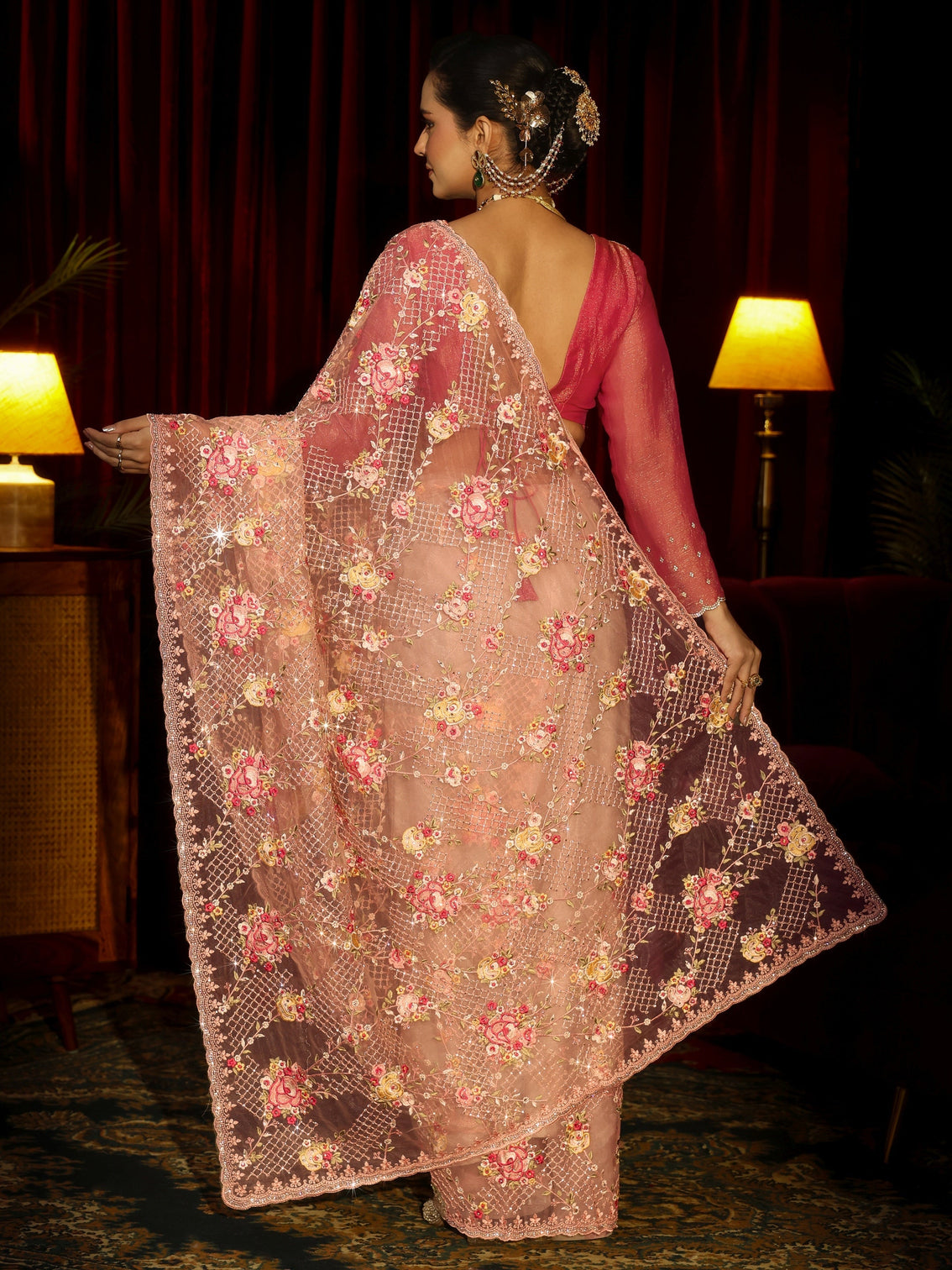 Mameraa Art Pink Floral Embroidered Net Saree