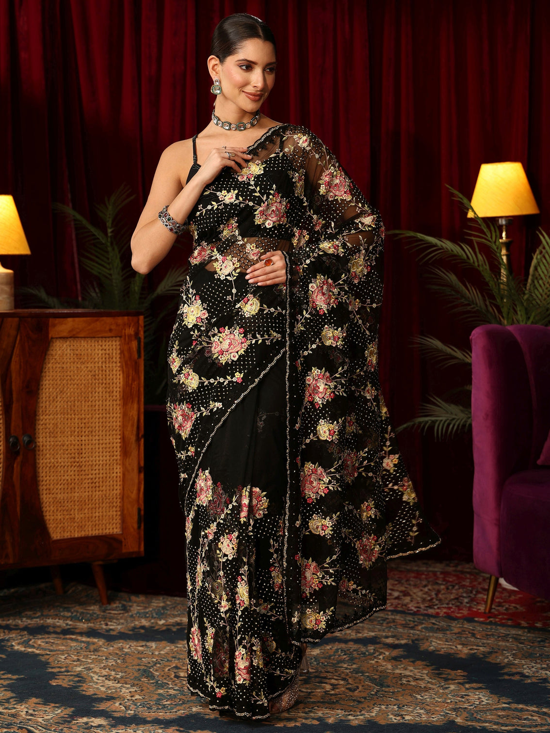 Mameraa Art Black Floral Embroidered Net Saree