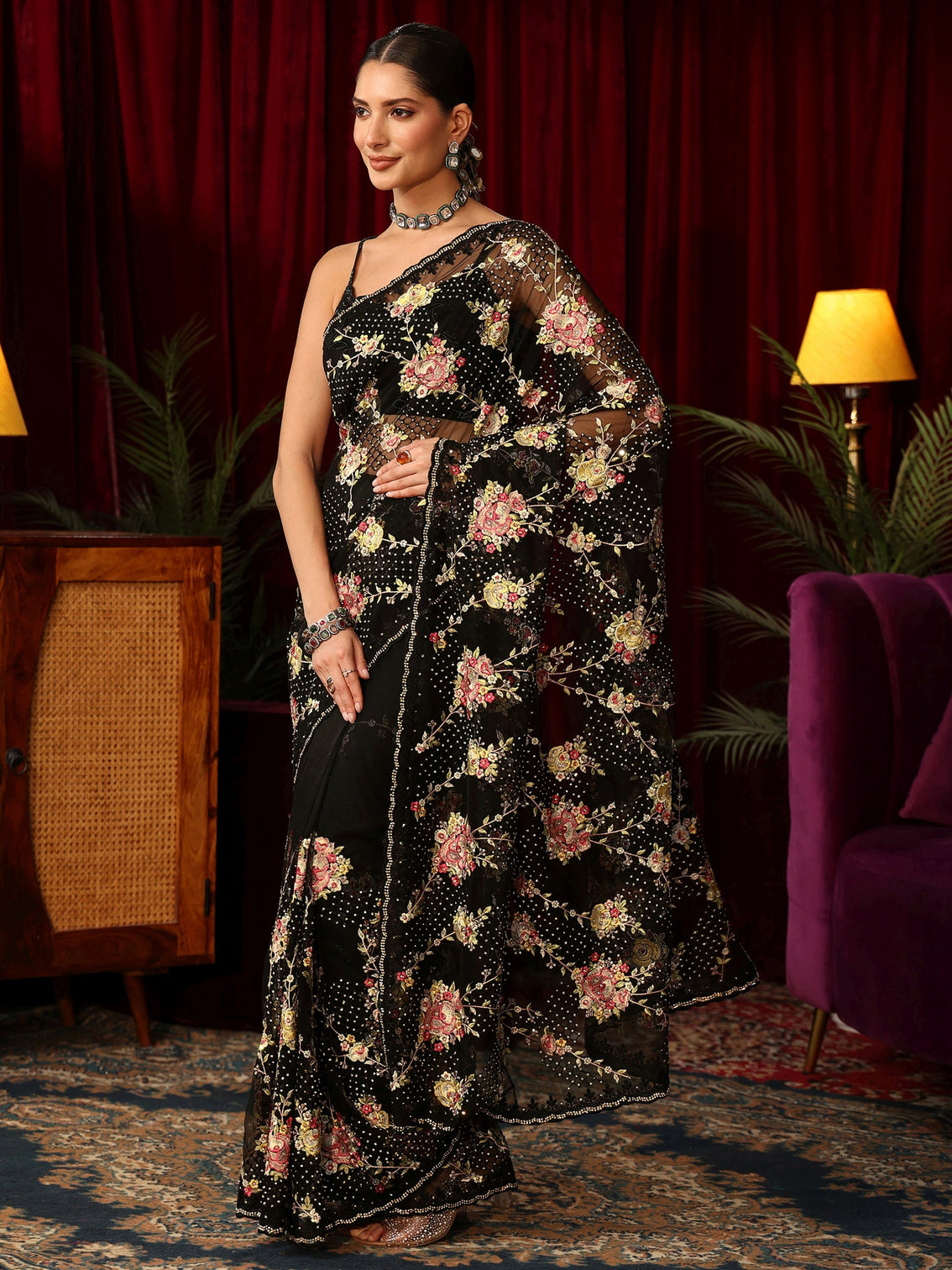 Mameraa Art Black Floral Embroidered Net Saree