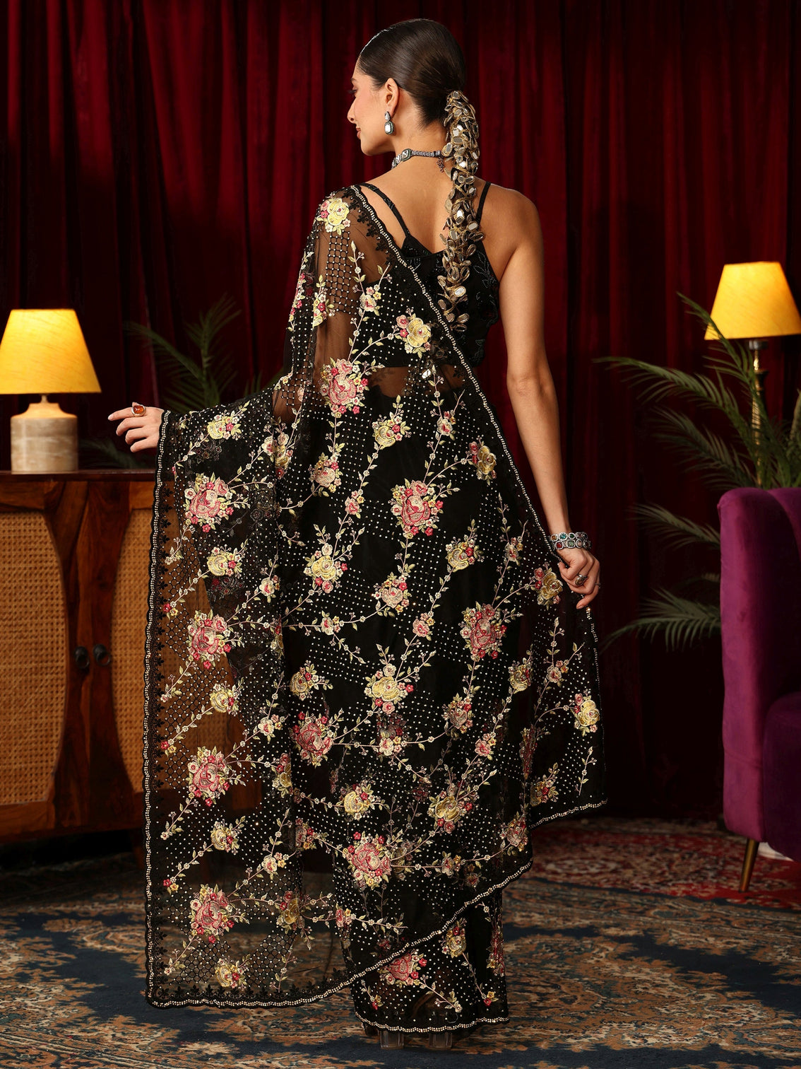 Mameraa Art Black Floral Embroidered Net Saree