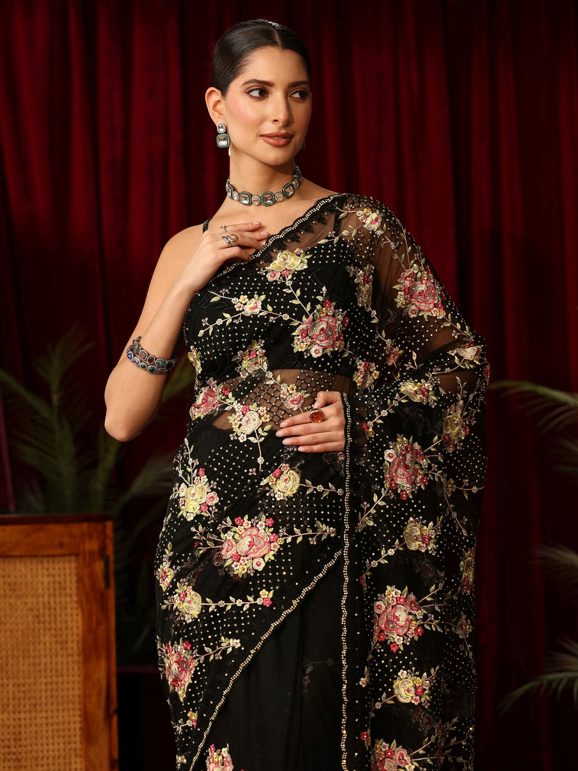 Mameraa Art Black Floral Embroidered Net Saree
