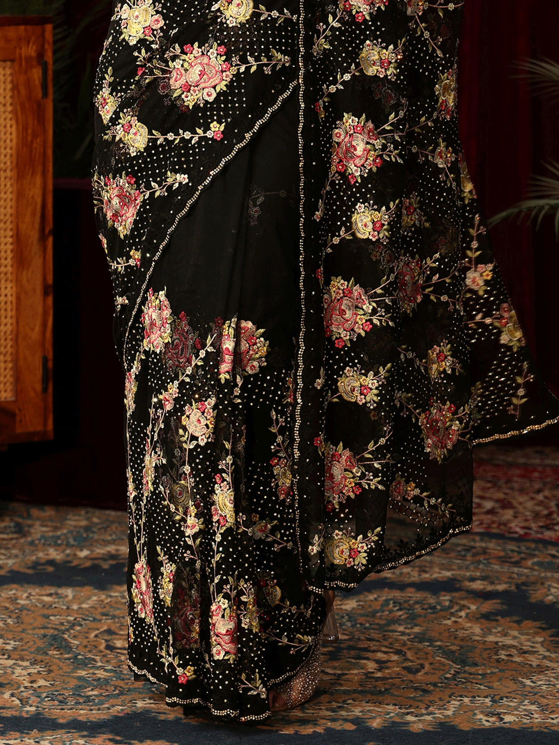 Mameraa Art Black Floral Embroidered Net Saree