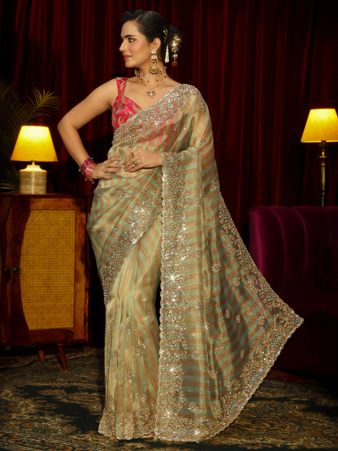 Mameraa Art Green Striped Sequin Embellished Tisue Saree