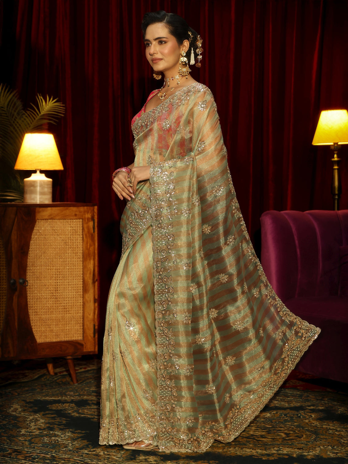 Mameraa Art Green Striped Sequin Embellished Tisue Saree