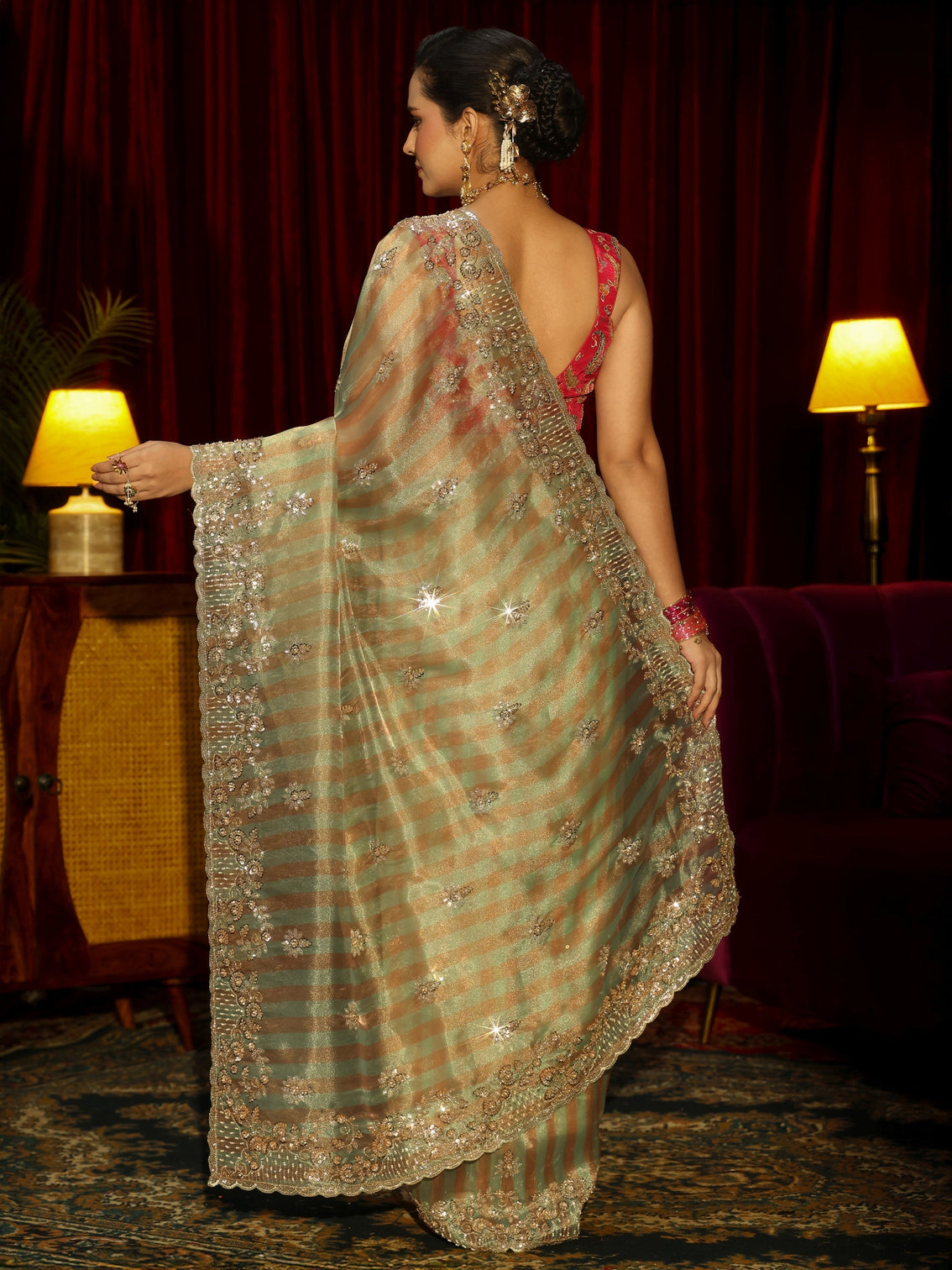 Mameraa Art Green Striped Sequin Embellished Tisue Saree