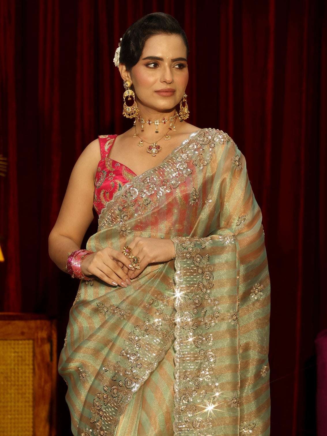 Mameraa Art Green Striped Sequin Embellished Tisue Saree