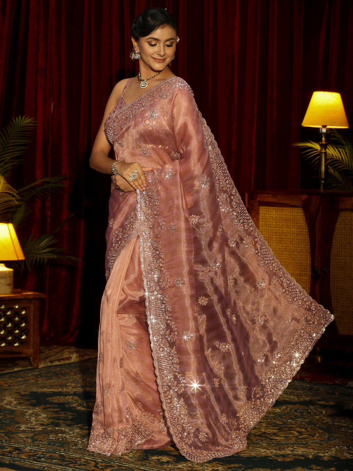 Mameraa Art Peach Pink Embellished Tissue Saree