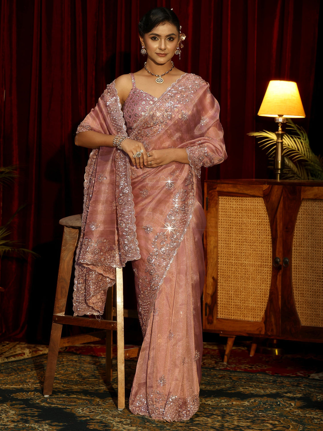 Mameraa Art Peach Pink Embellished Tissue Saree