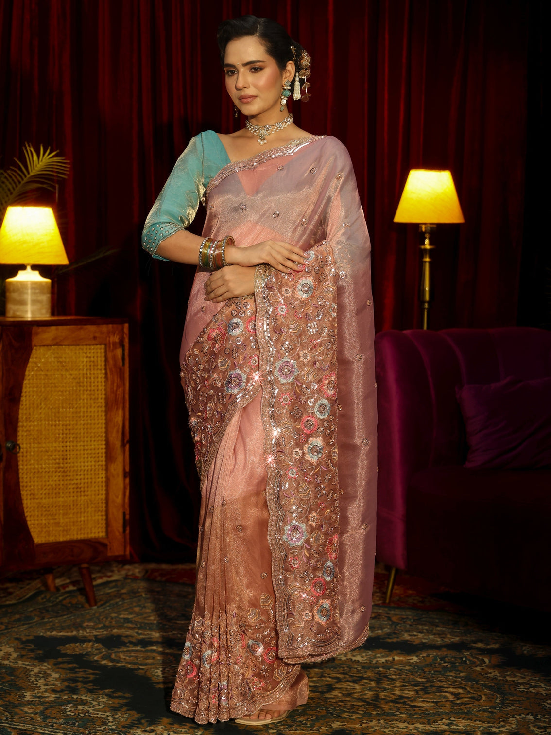 Mameraa Art Peach Pink Floral Embellished Tissue Saree
